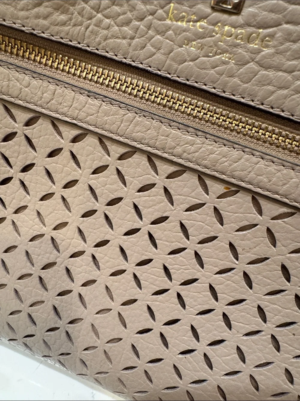 kate spade Taupe Perri Lane Perforated Leather Satchel with Gold Hardware